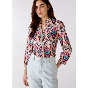 Oui Linen Top Women 10 Colorful Batik Block Print V Neck Tiered Resort Wear Boho